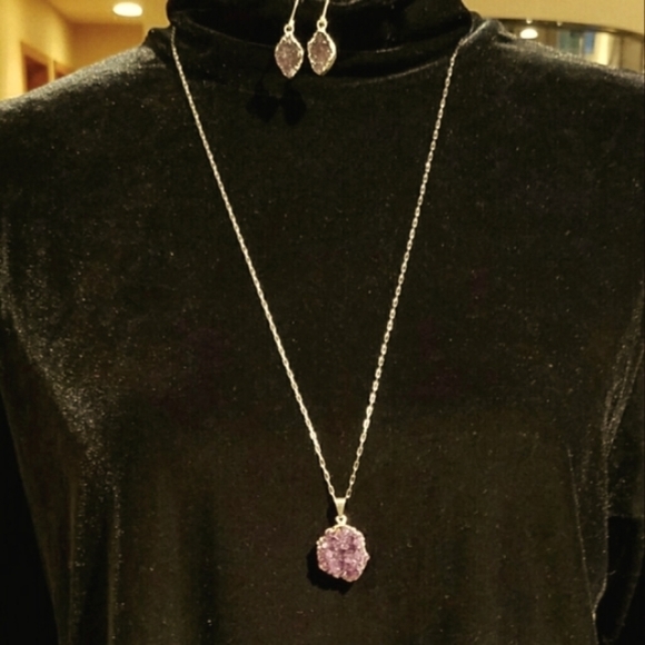 Jewelry - Purple Amethyst Druzy Crystal Silvertone Necklace